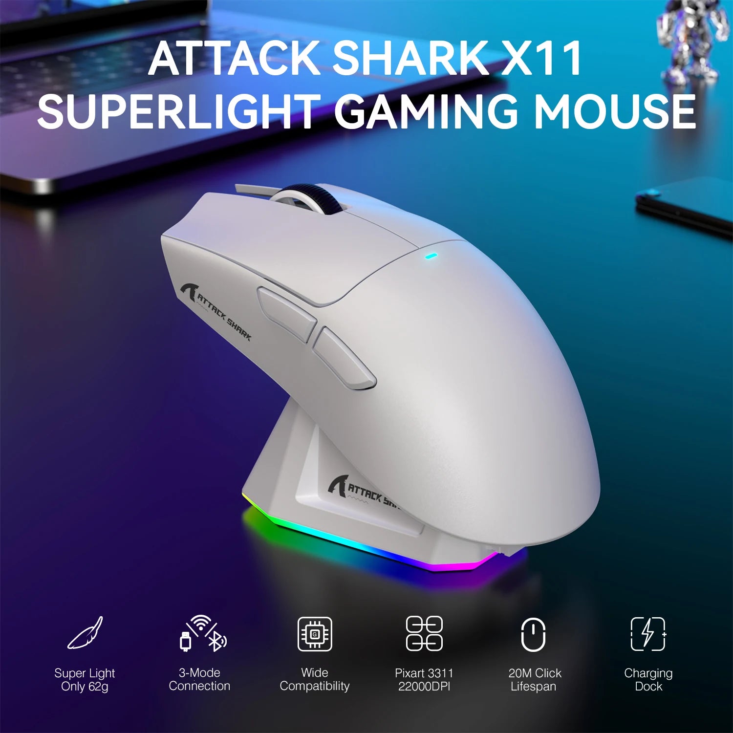 ATTACK SHARK X11 Lightweight Wireless Gaming Mouse with RGB Backlight Charging, Up to 22K DPI, PAW3311 Optical Sensor, HUYU Swit
